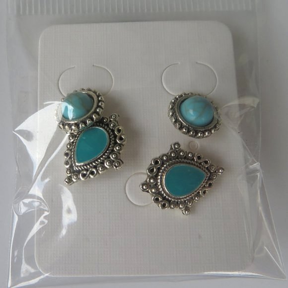 Set Of TWO Pairs Fashion Turquoise Enamel Earrings - Picture 2 of 10